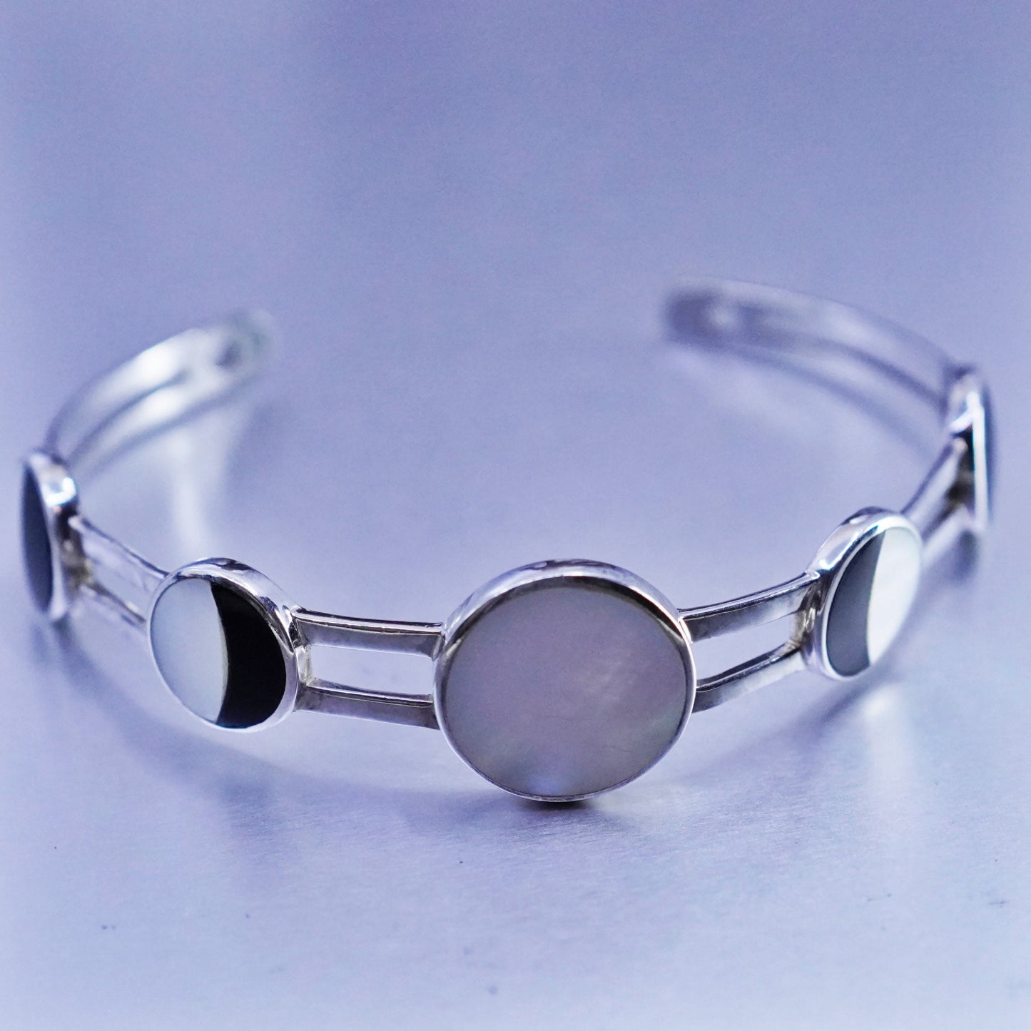 7.25”, Sterling 925 silver handmade bracelet, moon phases cuff mother of pearl