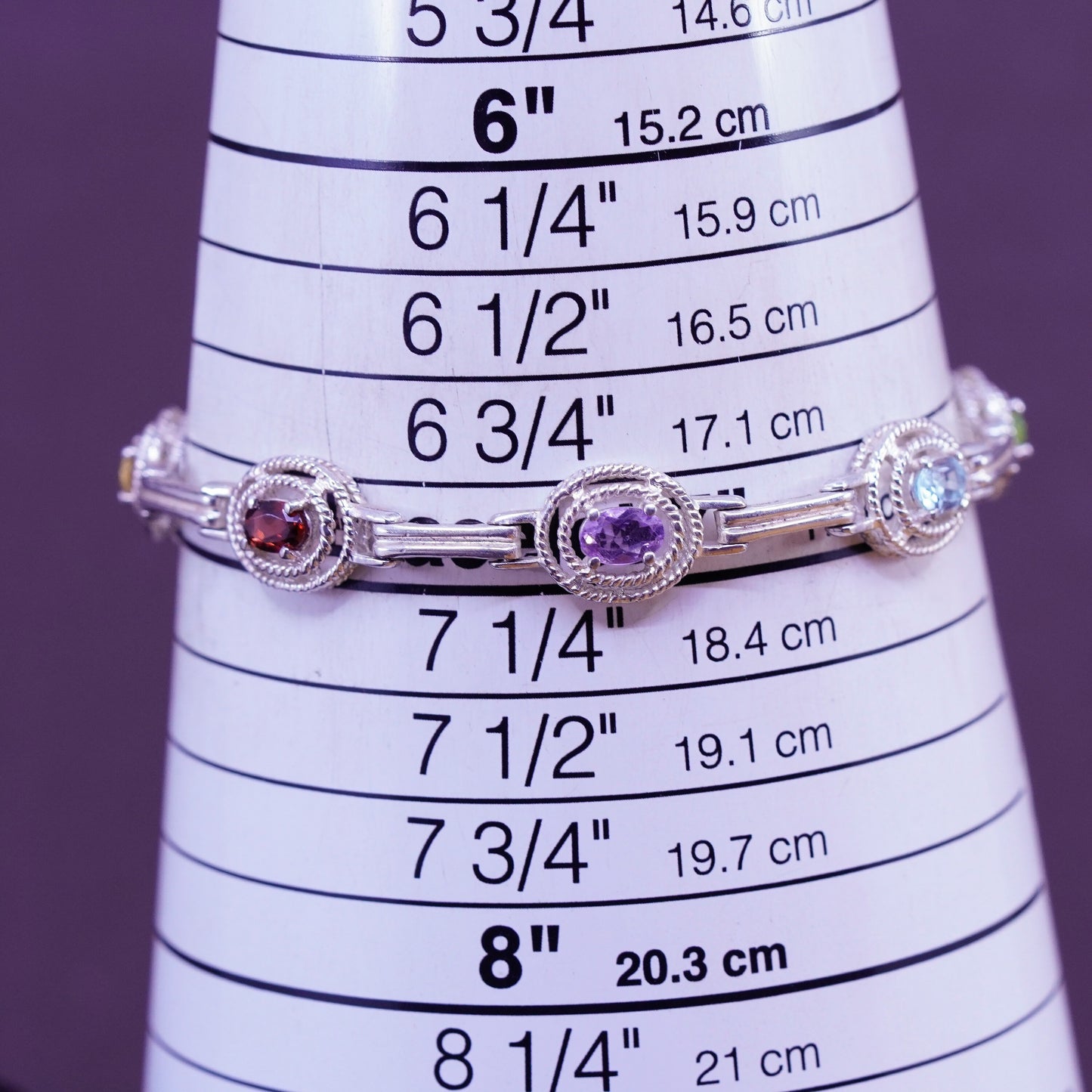 7”, vtg Sterling silver tennis bracelet, 925 bar amethyst topaz peridot citrine