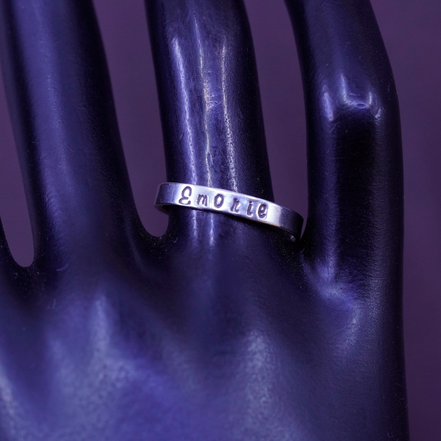 Size 7.75, Sterling silver handmade ring, 925 name “emorie” band, stackable