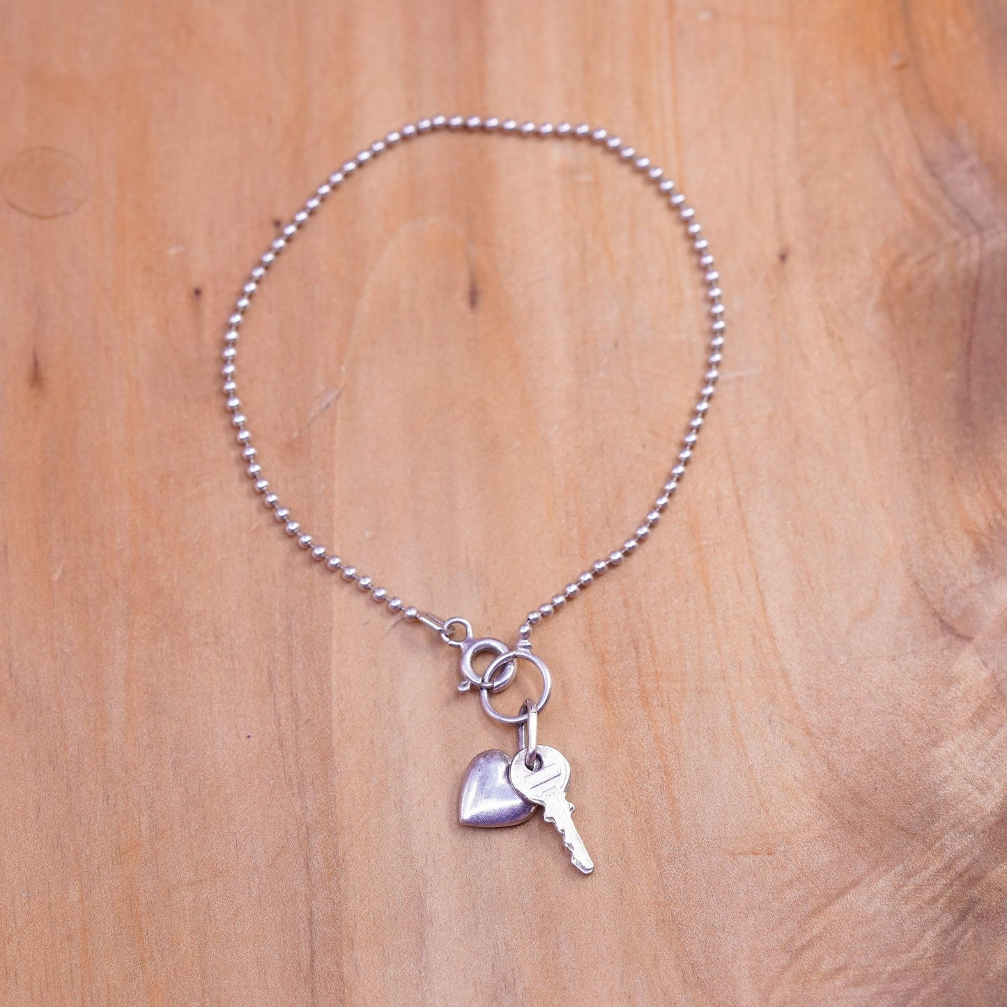 7.25”, Italy Sterling 925 silver handmade bead bracelet chain key heart charm