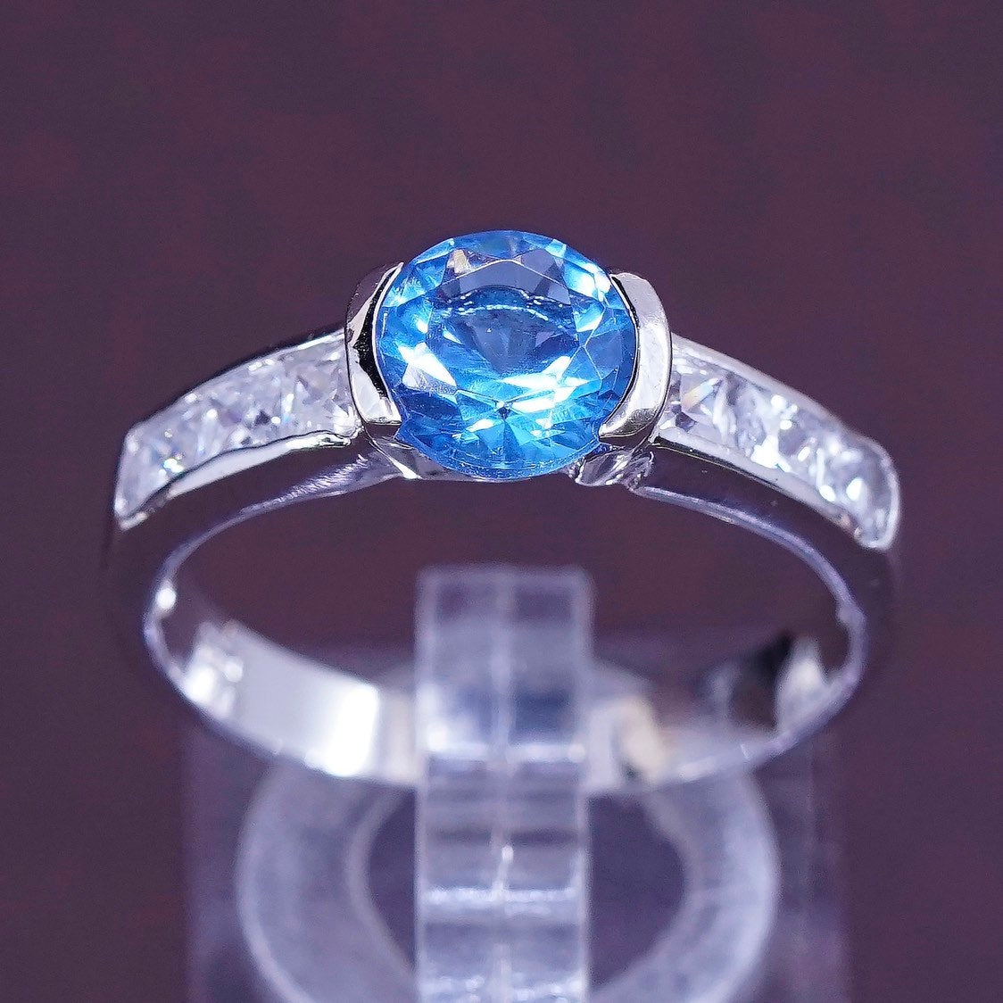 Size 9.5, vtg Sterling silver engagement ring, solid 925 w/ blue topaz and cz