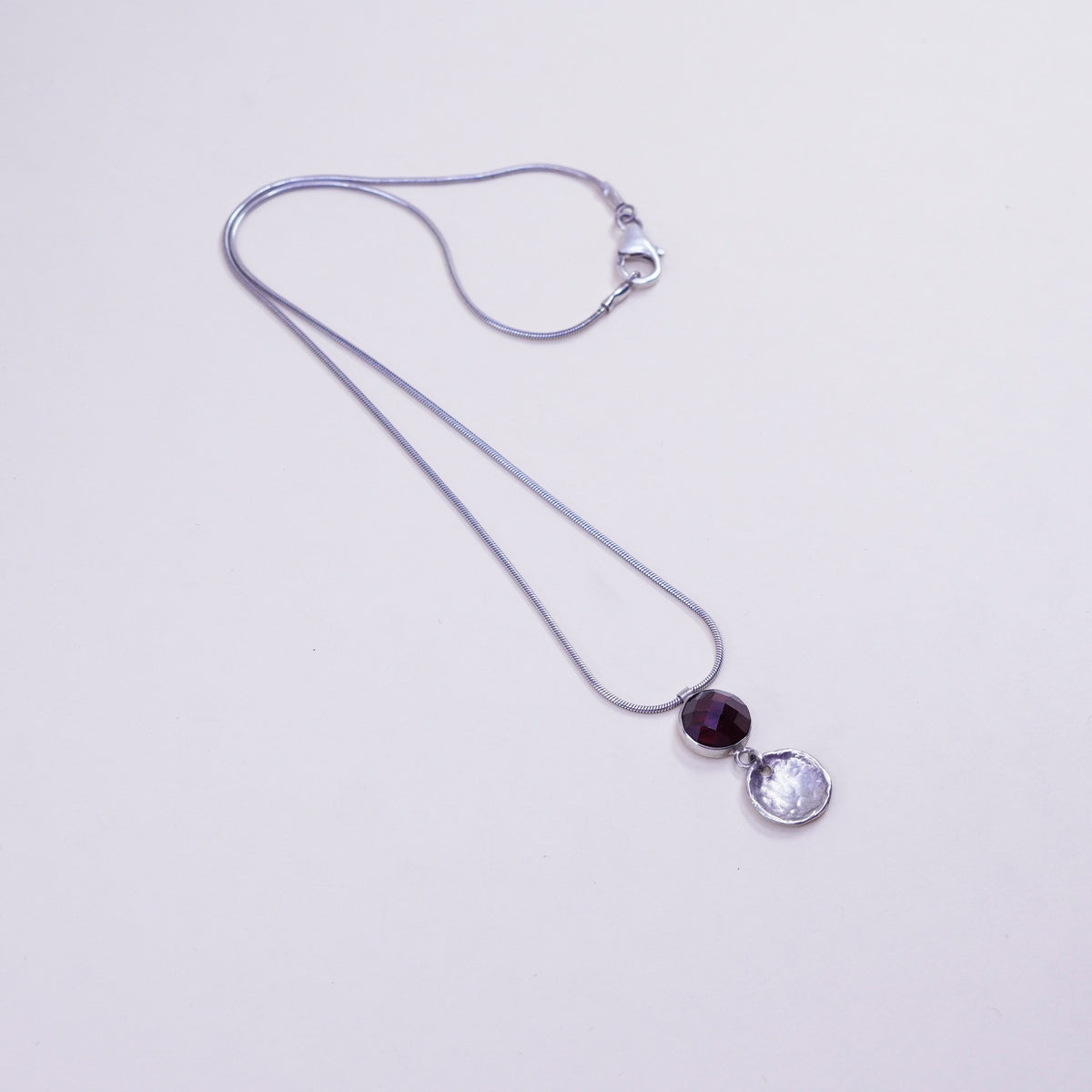 16” silpada 925 Sterling Silver snake Chain Necklace circle disc garnet Pendant