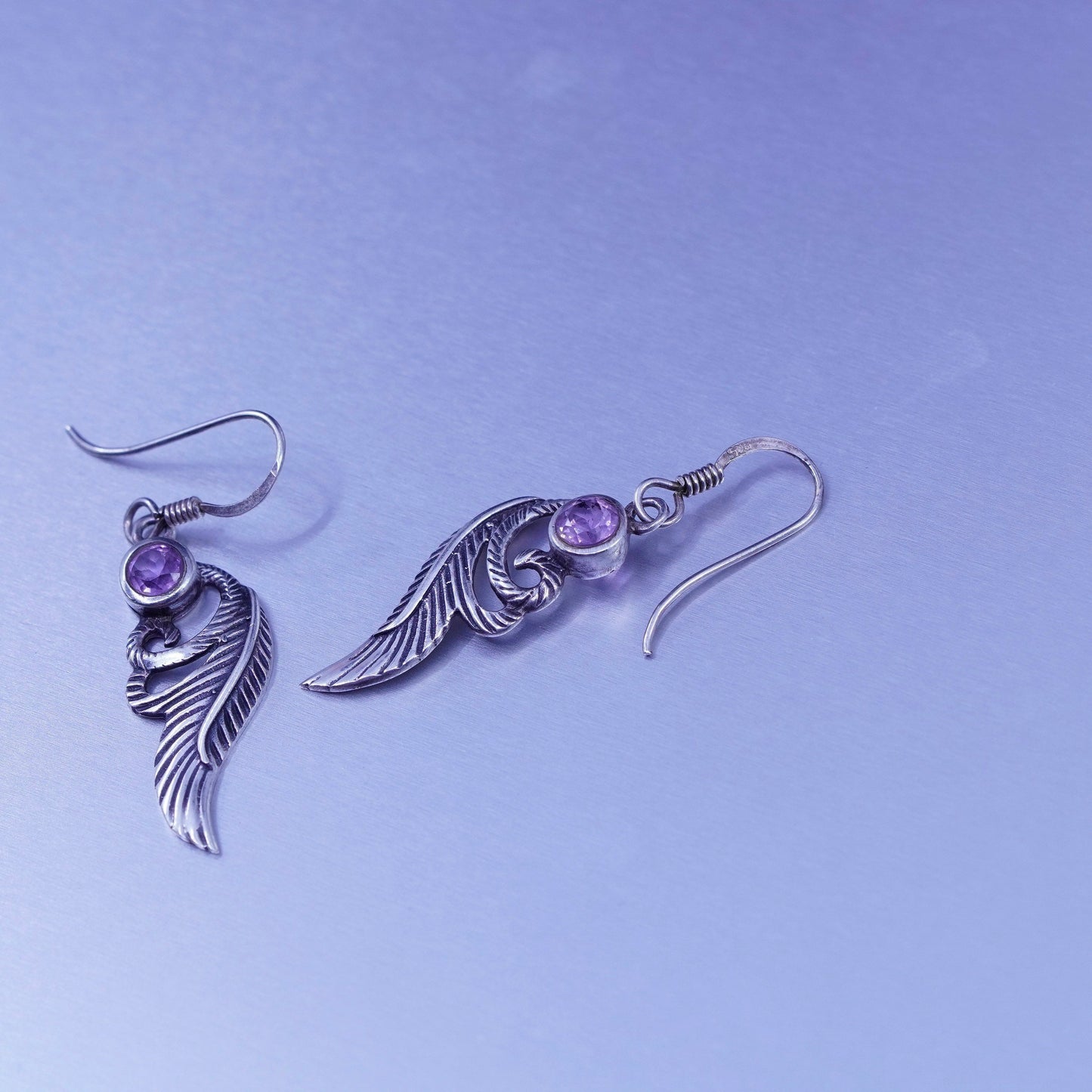 Vintage Sterling 925 silver handmade earrings with amethyst and leaf