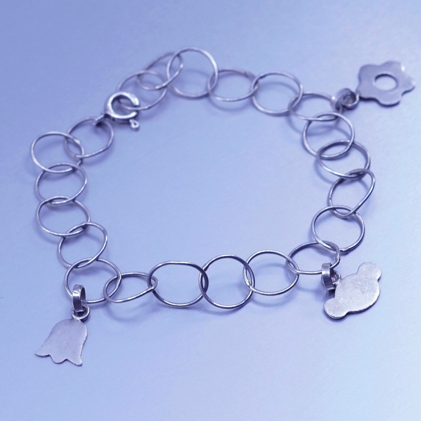 7.25”, Sterling 925 silver bracelet, circle chain flower teddy bear charms