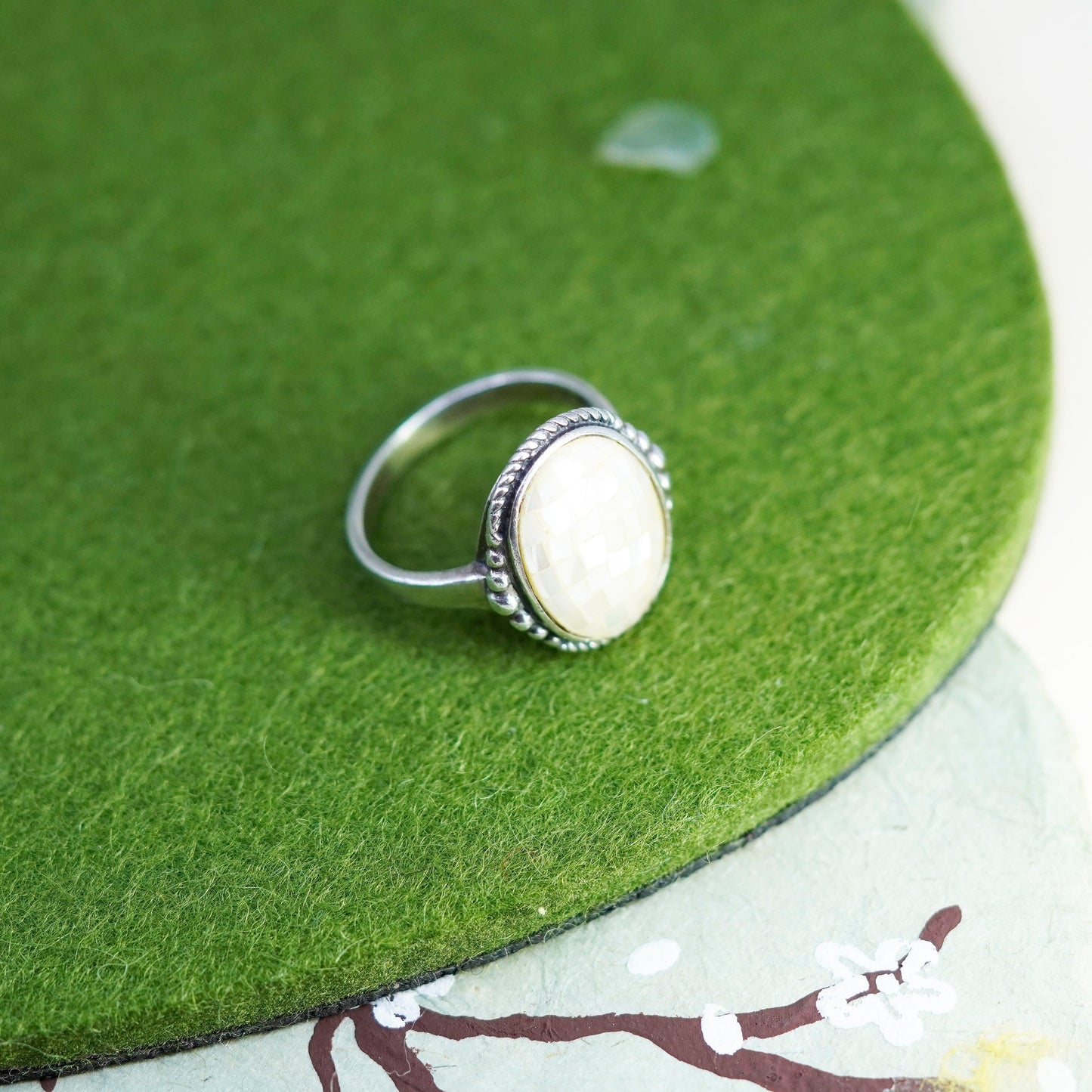 Size 8.75, Vintage sterling silver handmade ring with oval mother of pearl