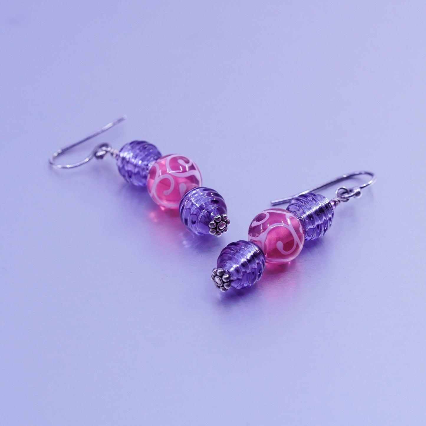 Vintage Sterling 925 silver earrings with artisan purple pink glass beads