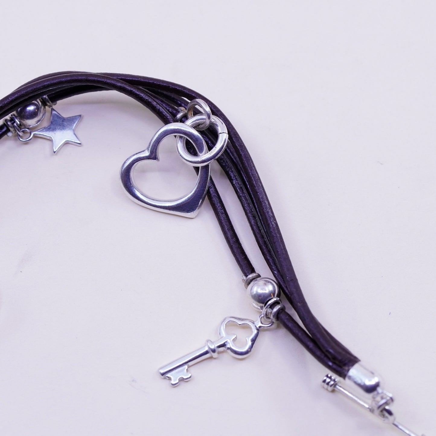6.75”, Sterling 925 silver handmade moon star heart bracelet with leather core