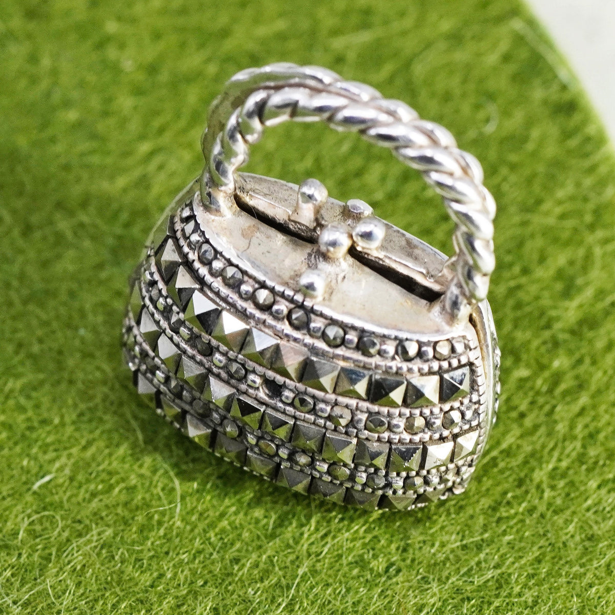 Vintage handmade sterling 925 silver handbag locket filigree charm pendant