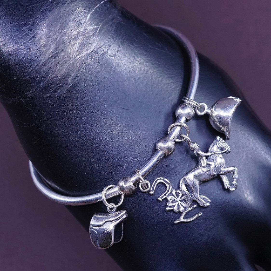 7", sterling silver handmade bracelet, 925 4 charms lover horse riding racing
