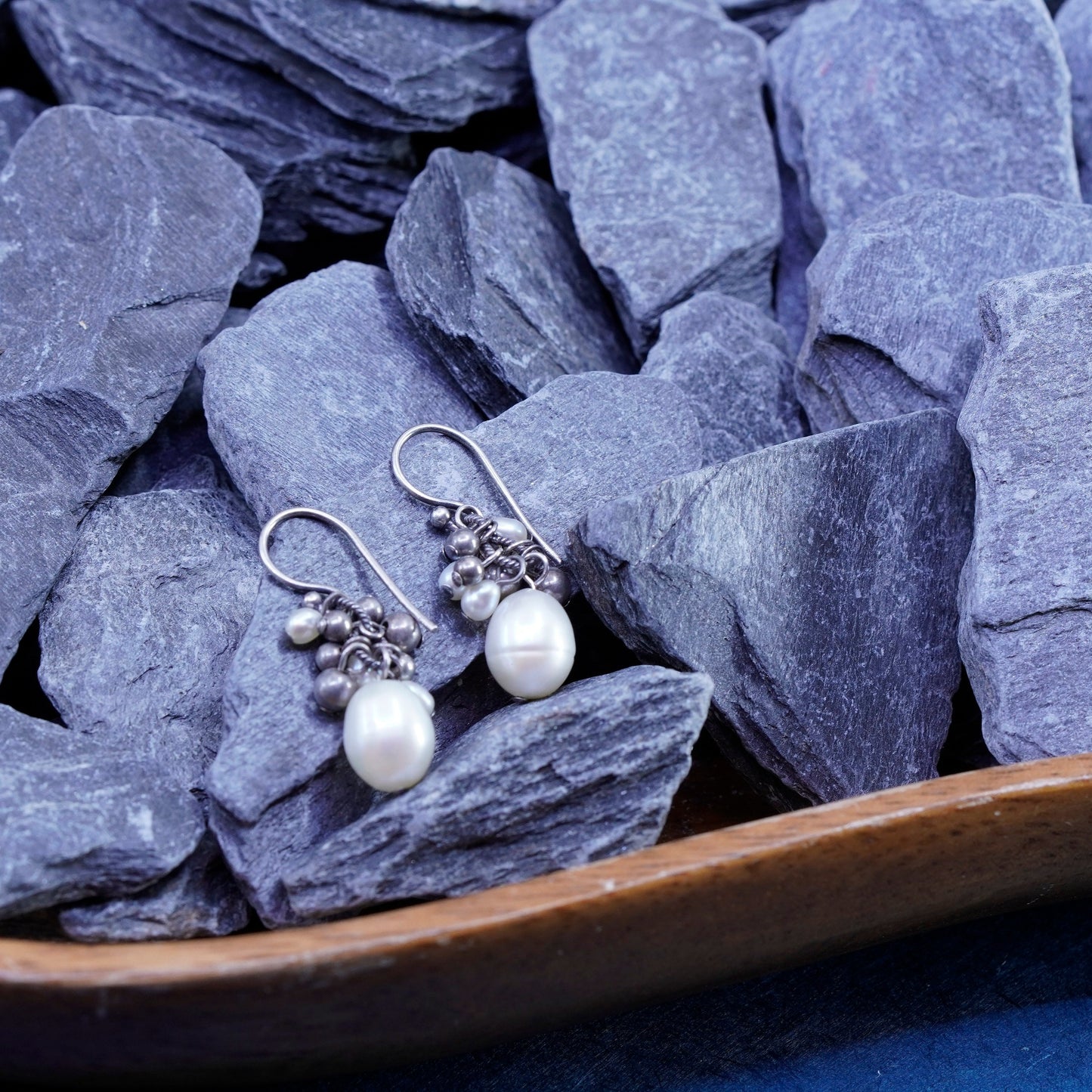 Rare 925 Sterling 925 Silver handmade pearl bead dangly cluster earrings W1352