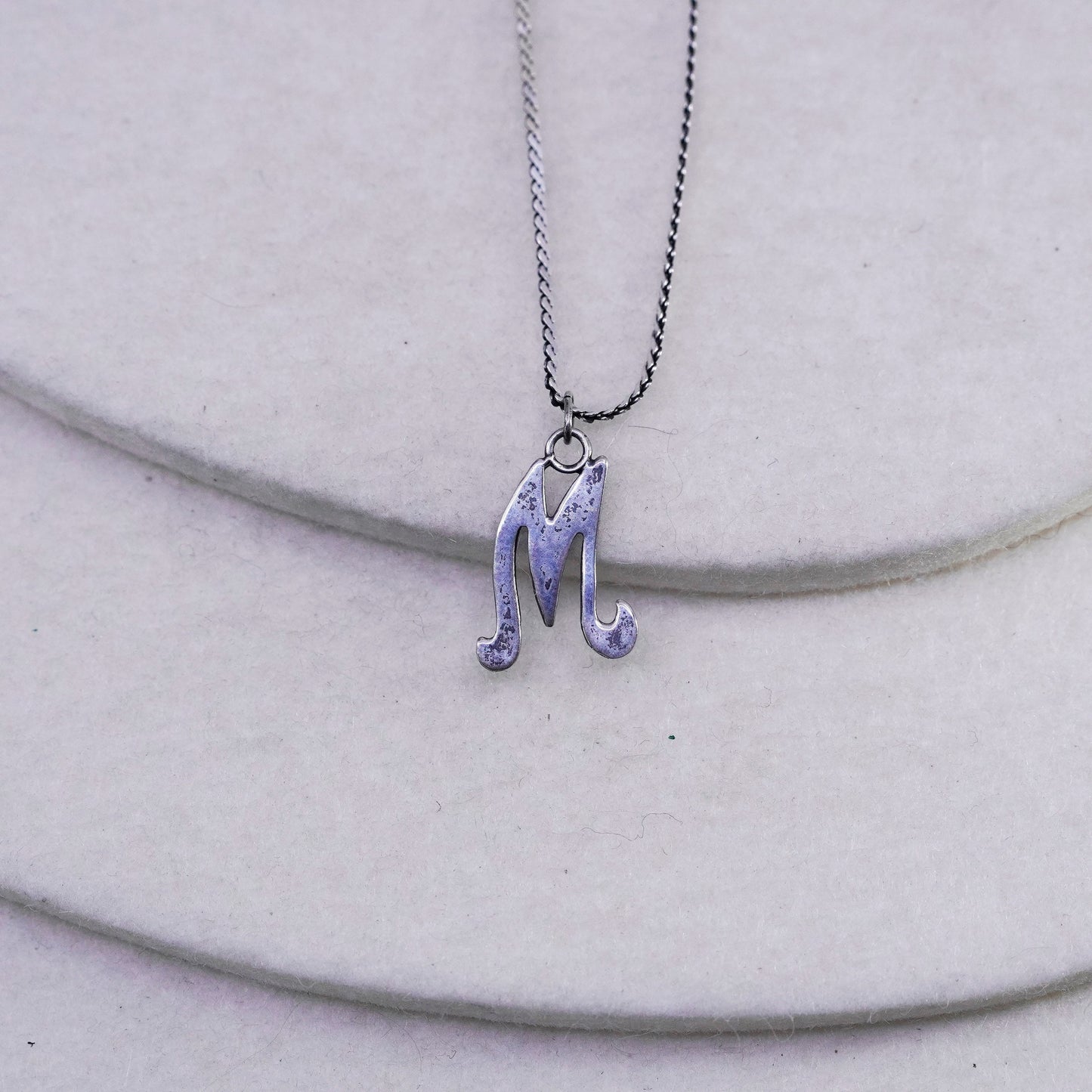 22”, vintage Sterling silver necklace, 925 s link woven chain letter M pendant