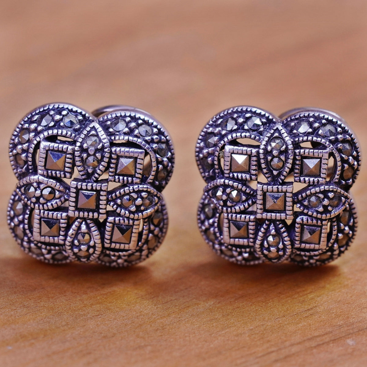 Judith Jack Sterling silver handmade clip on, 925 clover earrings marcasite