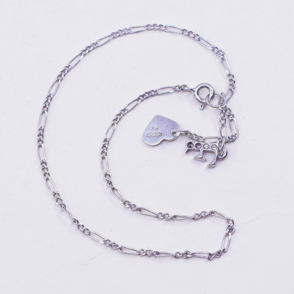 8.5”, Vintage sterling silver Figaro charm bracelet with 925 heart charms