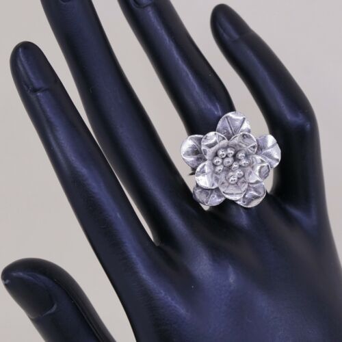 Sz 6.5, Vtg Statement Cocktail Handmade Sterling Silver Flower Ring, Stamped 925