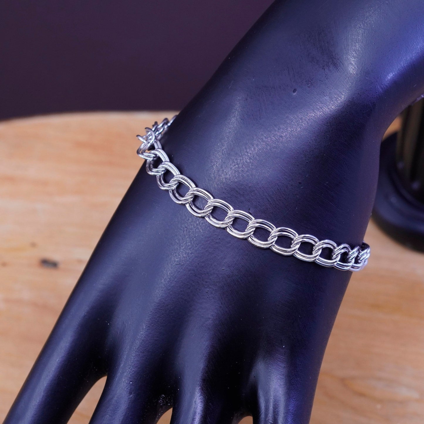 6.75”, vintage Sterling silver handmade double curb bracelet, 925 charm chain