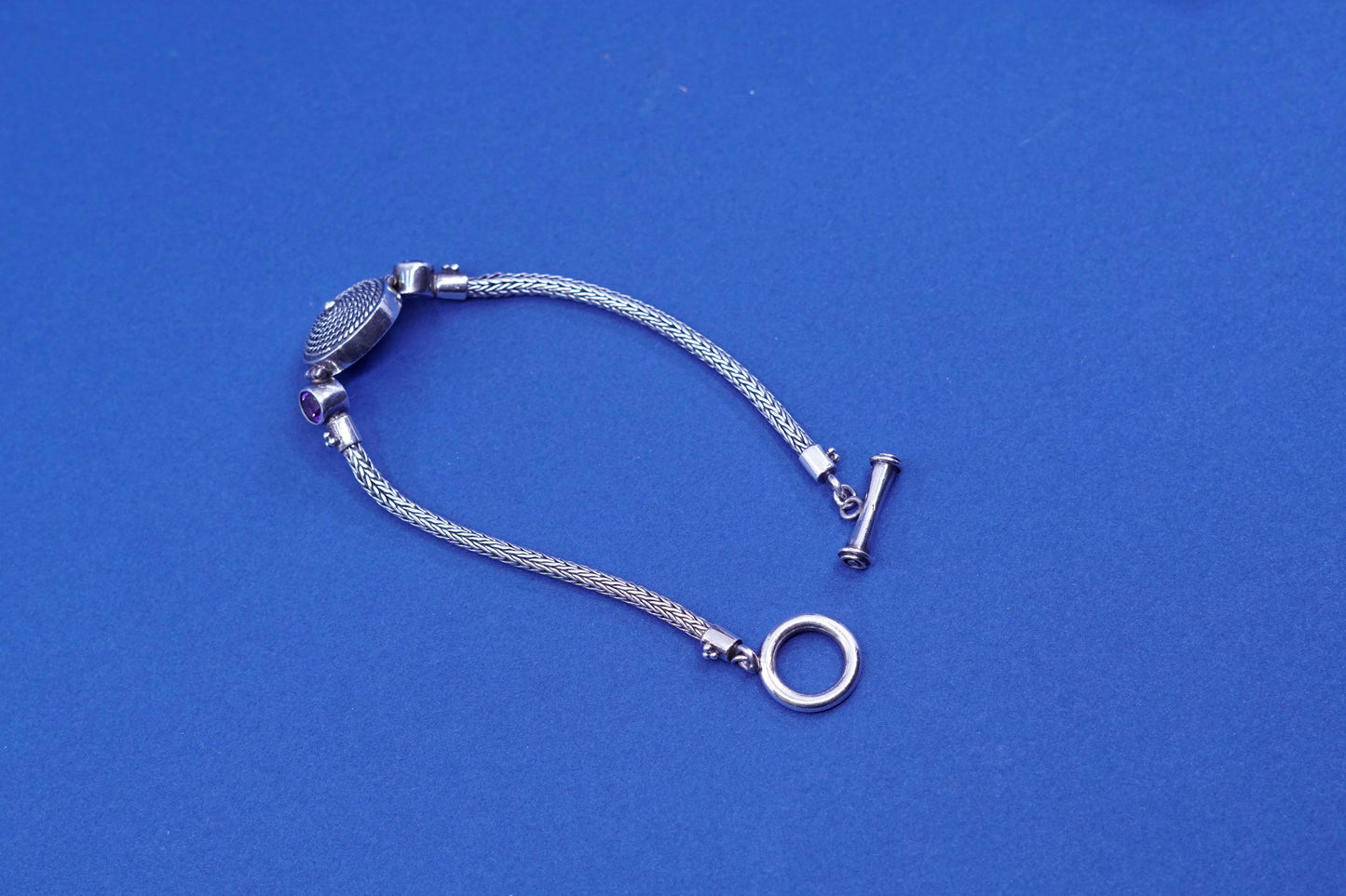 6.75”, GeoArtSterling silver bracelet, bold 925 wheat chain w/ amethyst beads