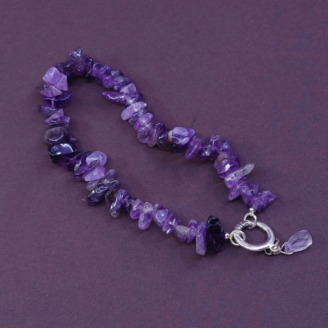 6.25”, vtg Sterling silver handmade bracelet, irregular amethyst beads bracelet