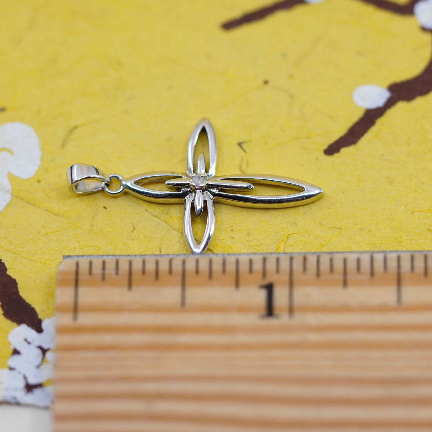 Vintage Sterling silver handmade pendant, 925 cross charm with diamond