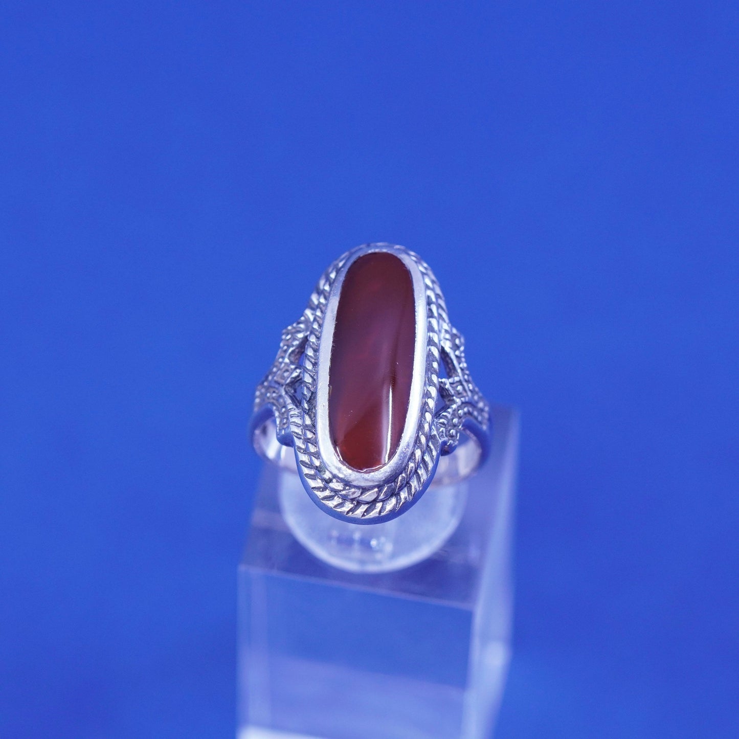 Size 7.5, vtg Sterling Silver 925 Red Carnelian handmade Ring w/ beads N cable