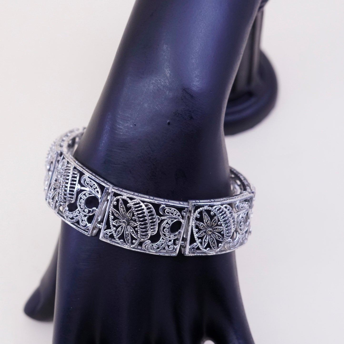 7”, vtg Sterling 800 Silver chain, tennis Bracelet w/ filigree marcasite flower