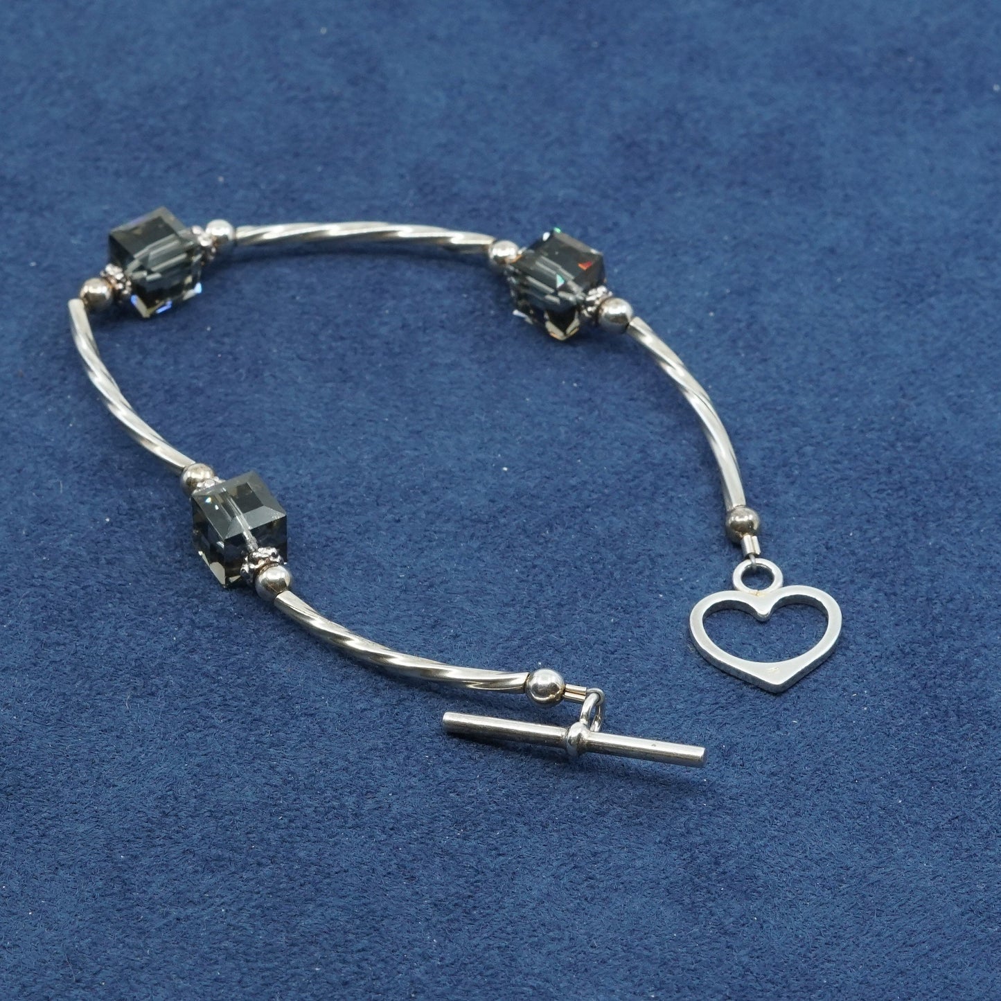 6.75", vtg Sterling silver handmade bracelet, 925 bar w/ Swarovski crystal