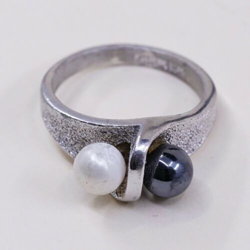 Size 6.75, Vtg ESPO Sterling 925 Silver Ring with Hematite N Pearl, Stamped Ster