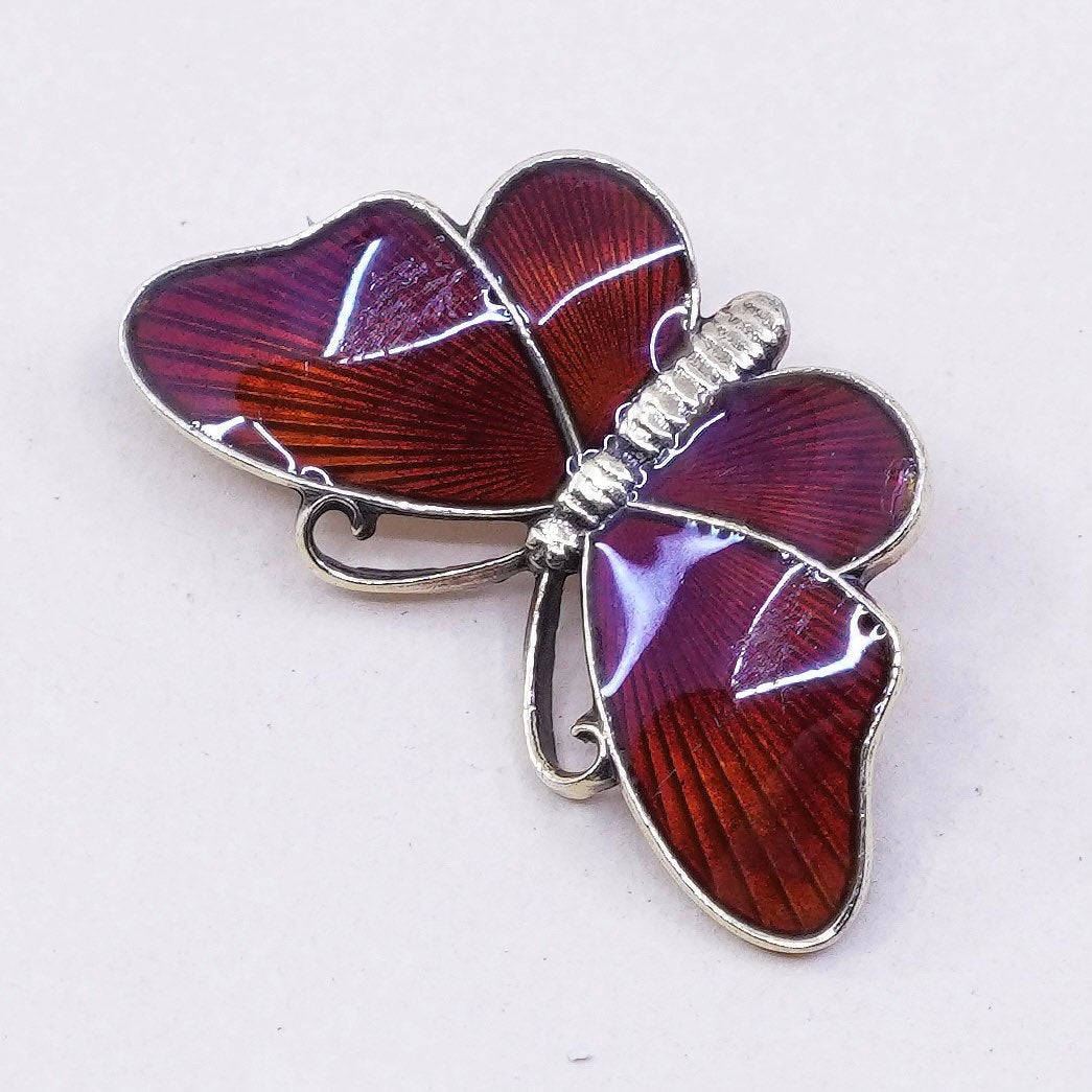 vintage Norway Sterling silver handmade brooch, 925 butterfly pin w/ red enamel