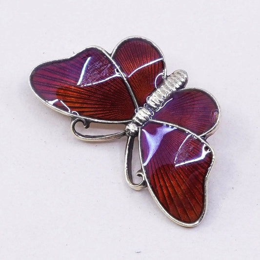 vintage Norway Sterling silver handmade brooch, 925 butterfly pin w/ red enamel