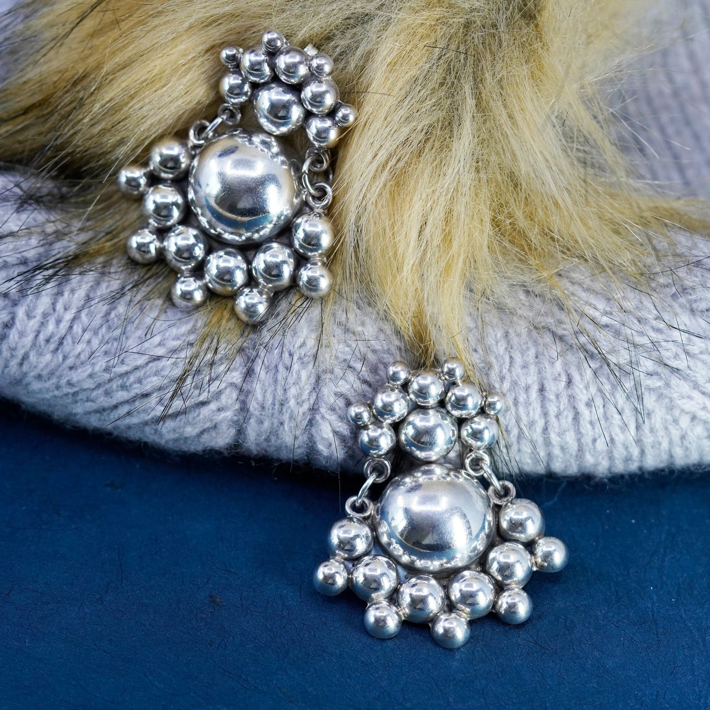 Vintage huge sterling silver handmade earrings, Mexico 925 beaded earrings