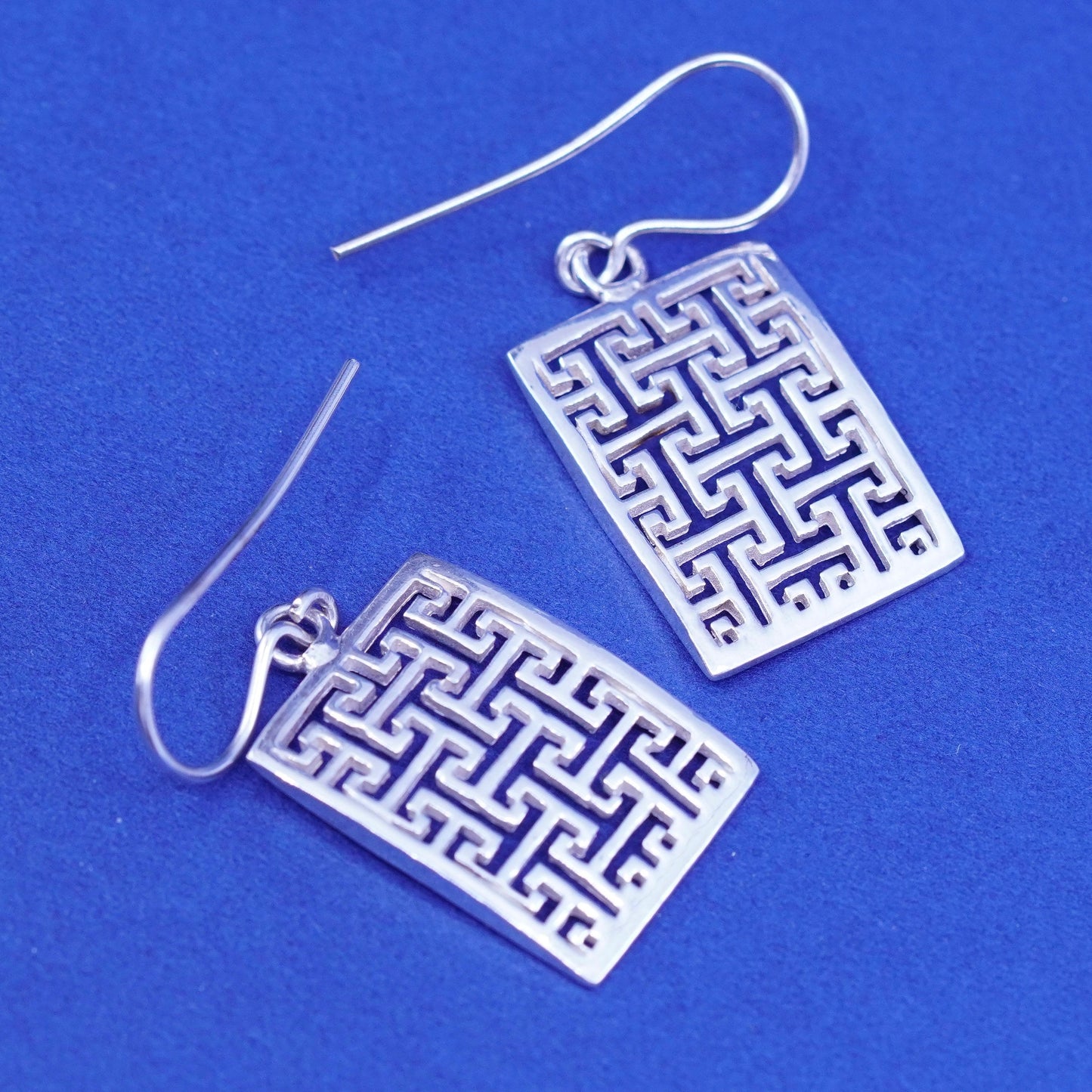 Vintage sterling silver handmade earrings, 925 filigree rectangular dangles