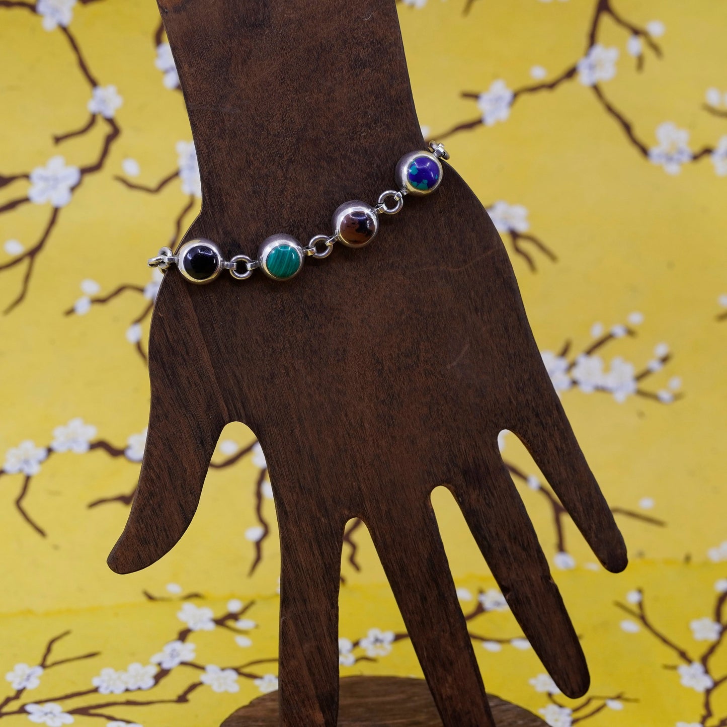 6.75”, mexico Sterling 925 silver bracelet with onyx jasper malachite azurite