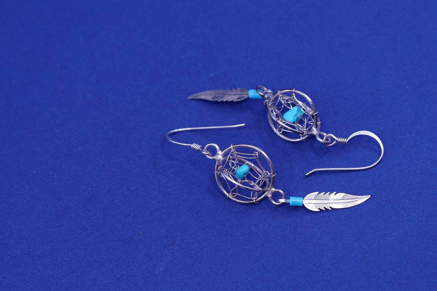 sterling silver earrings, 925 netted circle with turquoise and feather dangles