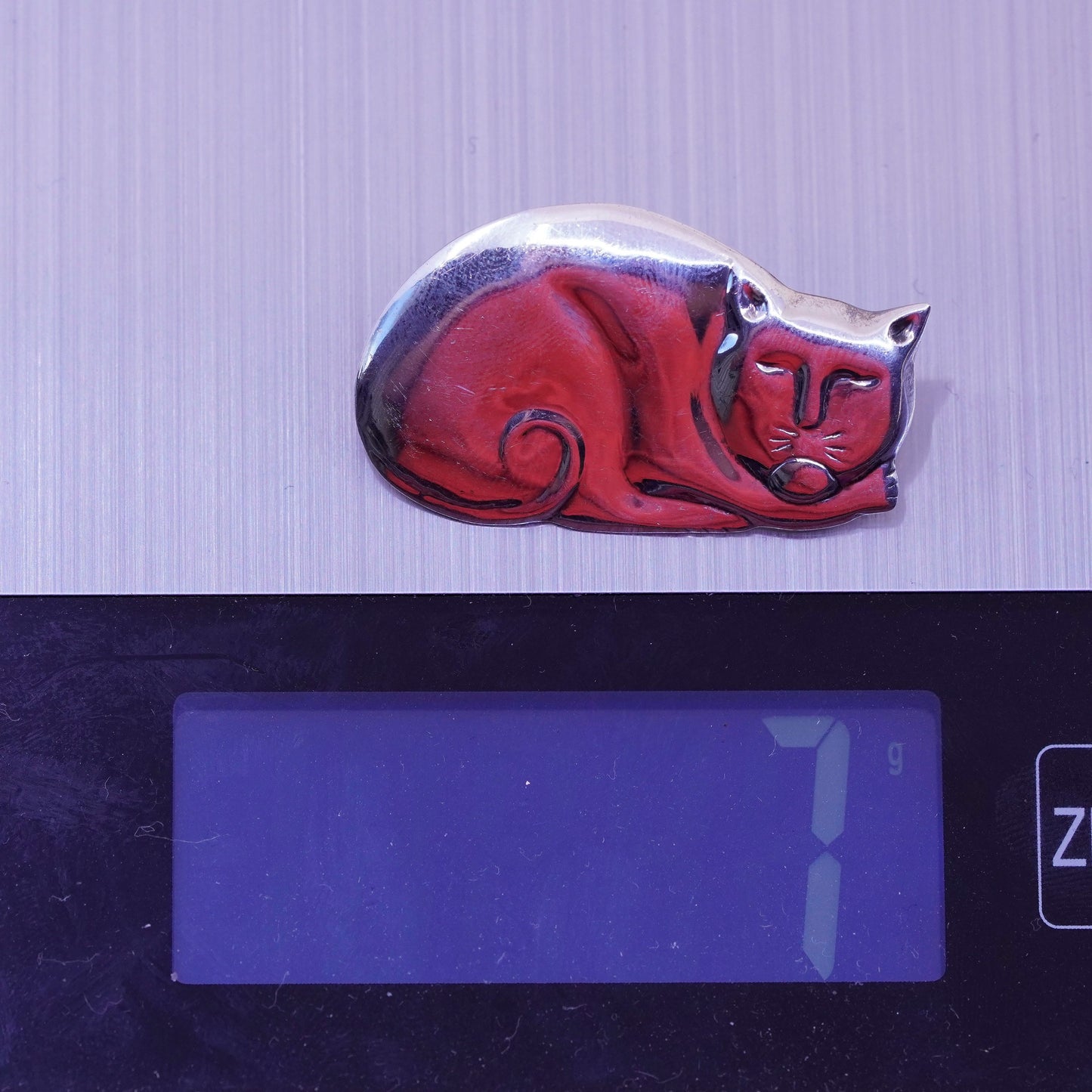 Vintage sterling 925 silver cat brooch, Southwestern handmade antique pin