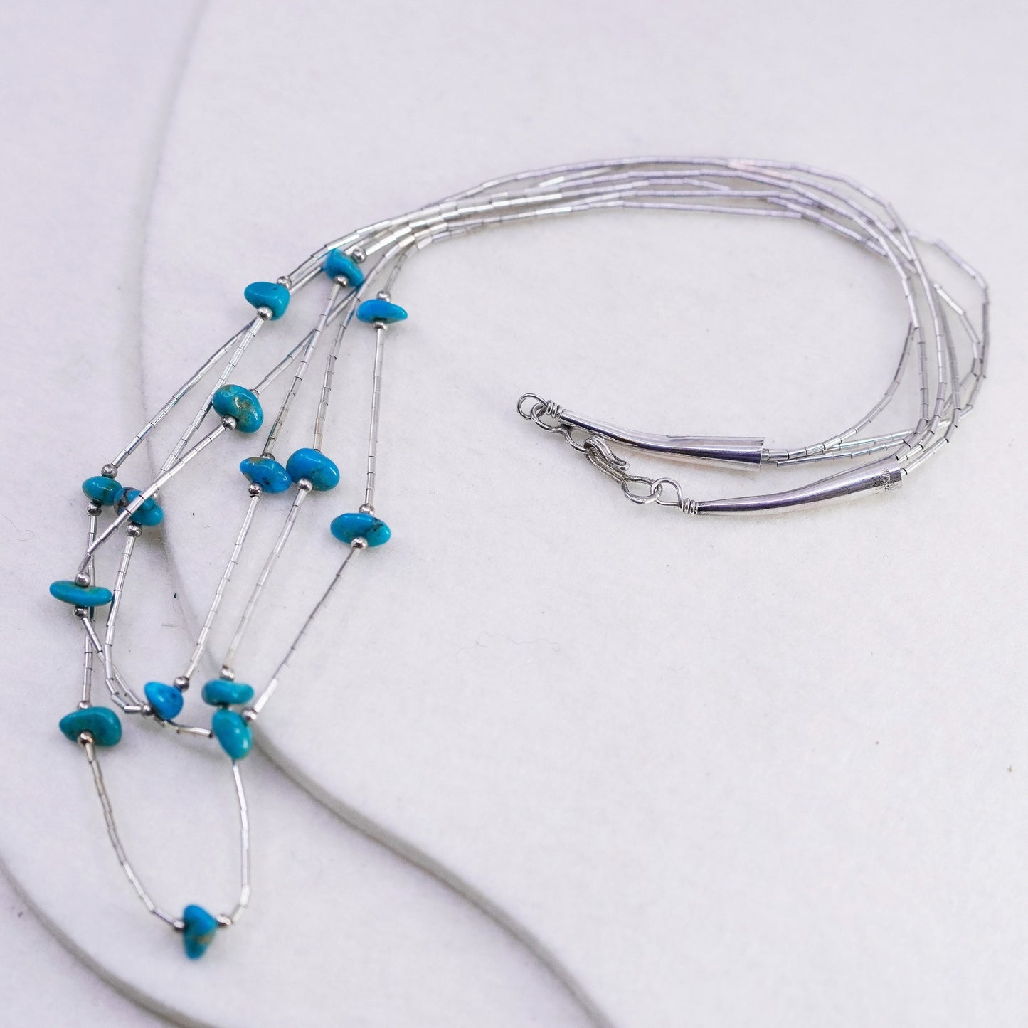 18”, liquid Sterling 925 silver necklace, Native American turquoise beads