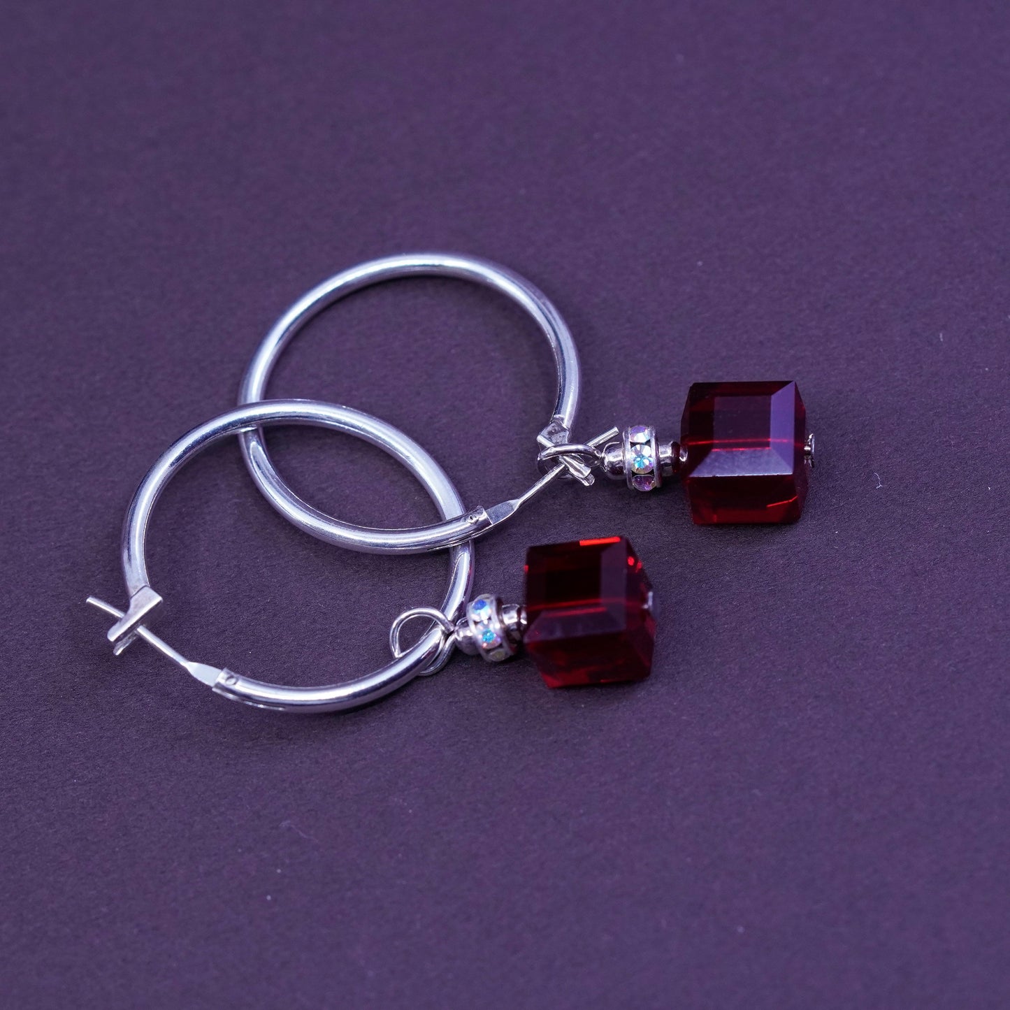 0.75”, vtg Sterling silver handmade hoops, 925 earrings with ruby cube and Cz