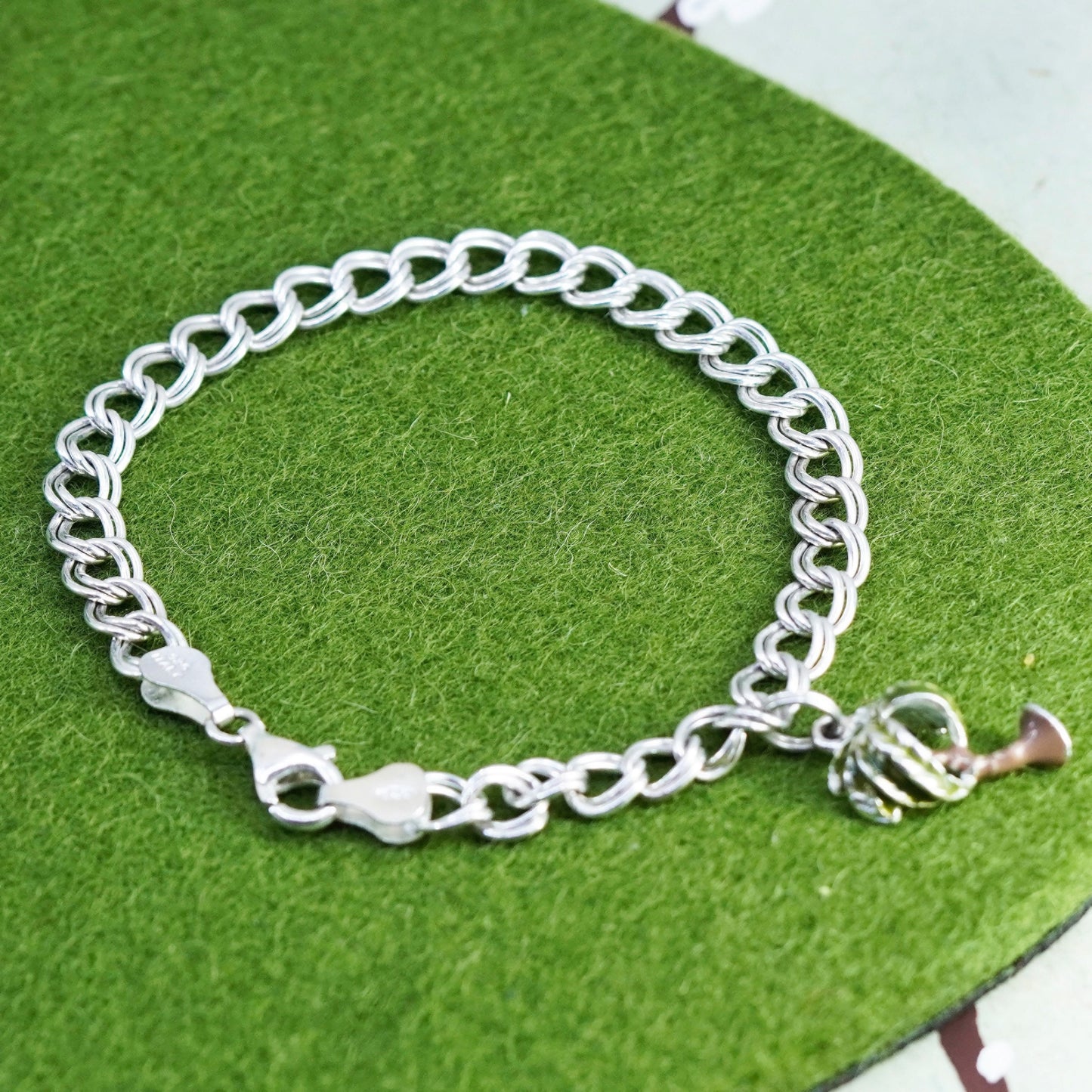 7”, VTG sterling silver double curb bracelet, 925 chain enamel Palm tree charm
