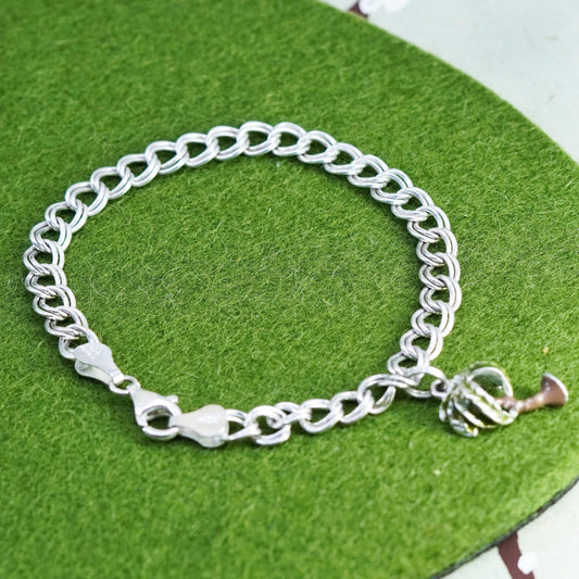 7”, VTG sterling silver double curb bracelet, 925 chain enamel Palm tree charm