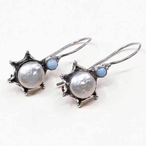 Vintage Southwestern handmade Sterling Silver Pearl Earrings w/ Larimar Details