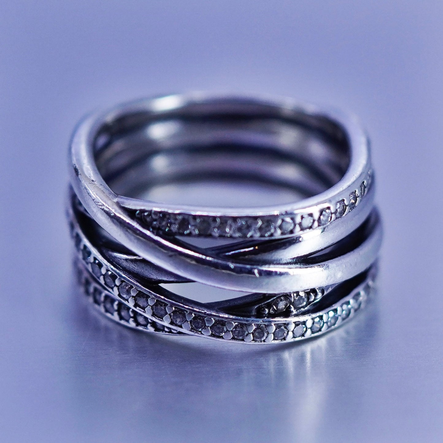 Size 6, ALE fashionable Sterling 925 silver entwined ring with cluster cz, band