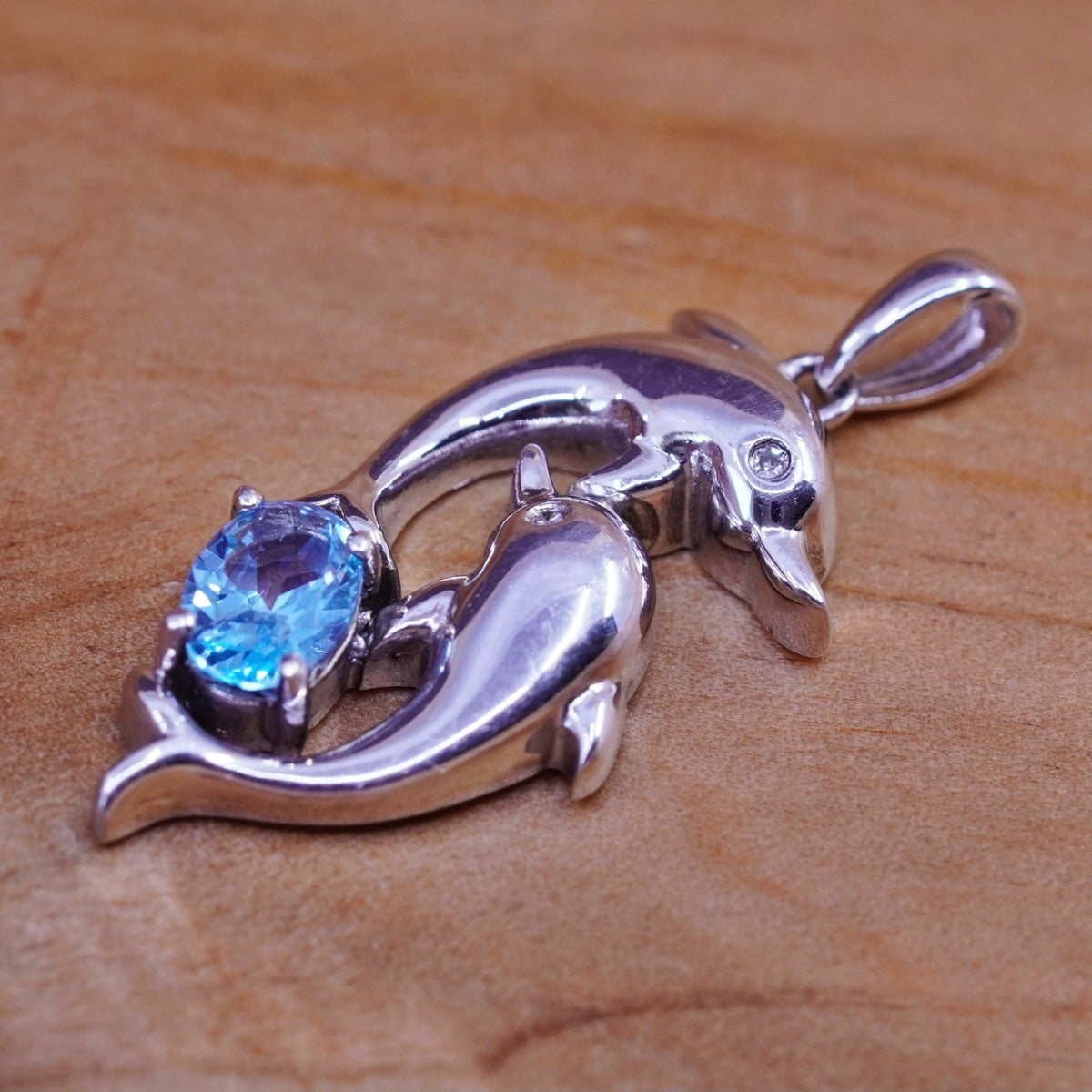 Vintage 925 Sterling silver handmade dolphins pendant with topaz