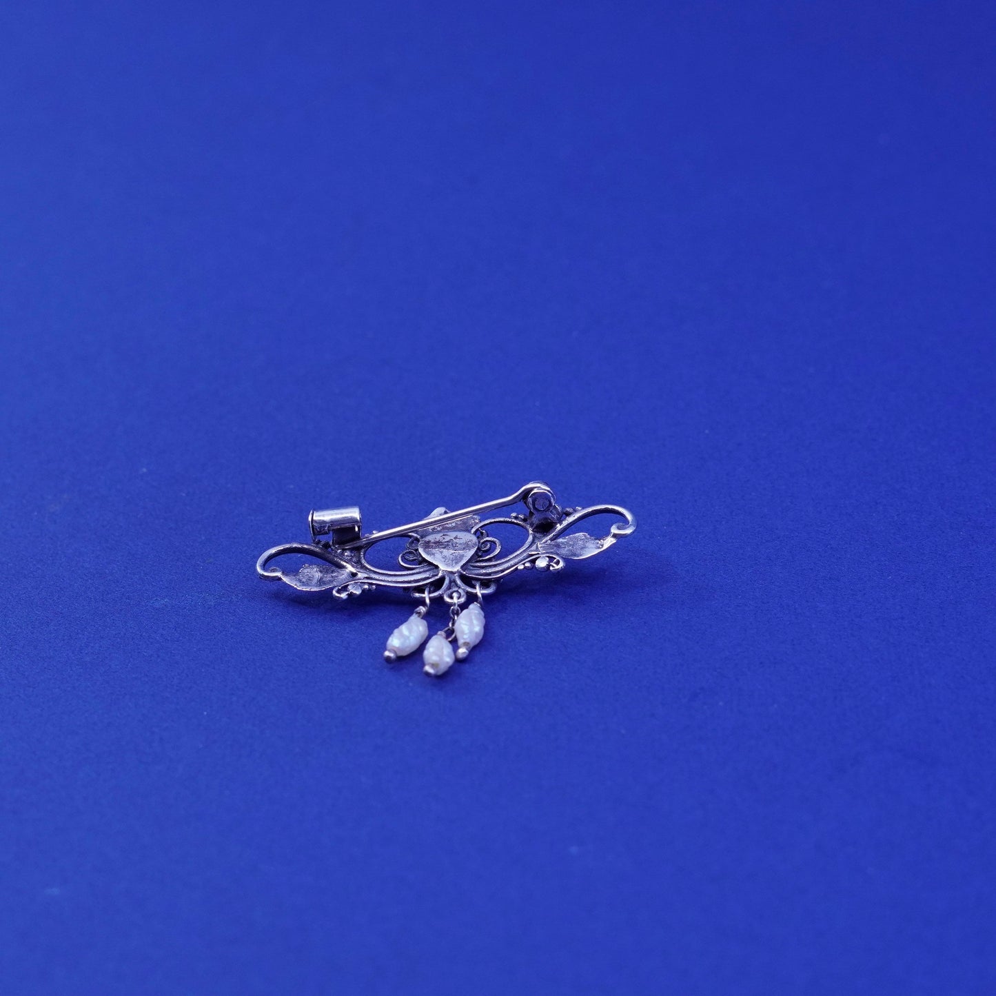 Sterling silver long brooch, 925 bali pin with mother of pearl and pearl charms