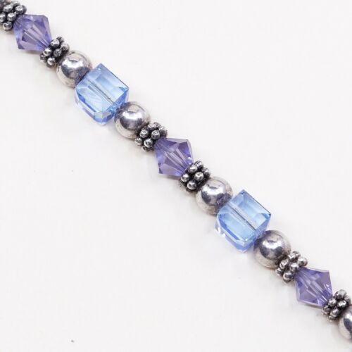 6.75”, Vtg Sterling Silver Handmade Bracelet, 925 Beads W/ Blue Glass Beads