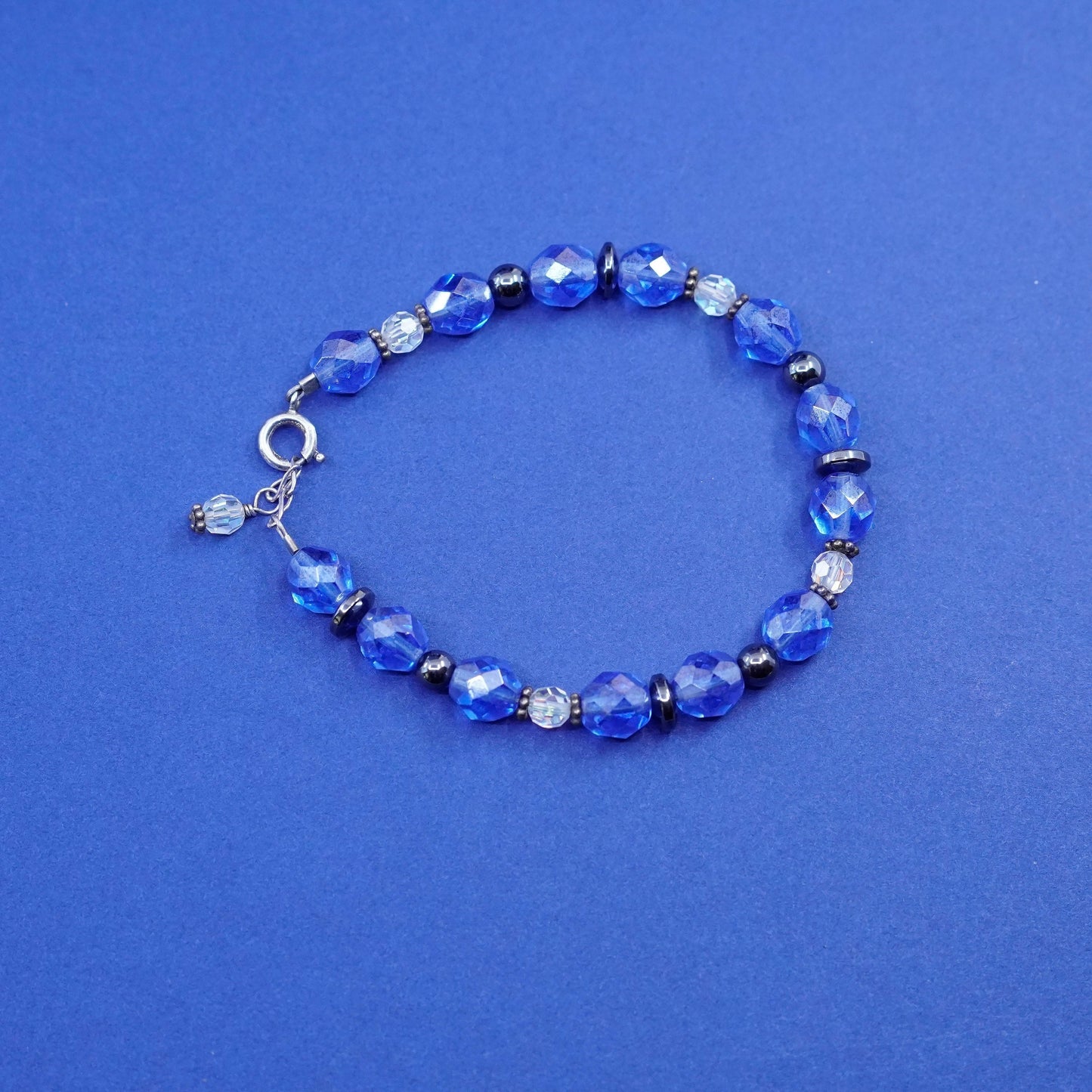 6.75”, sterling silver handmade bracelet, 925 clasp with blue crystal beads