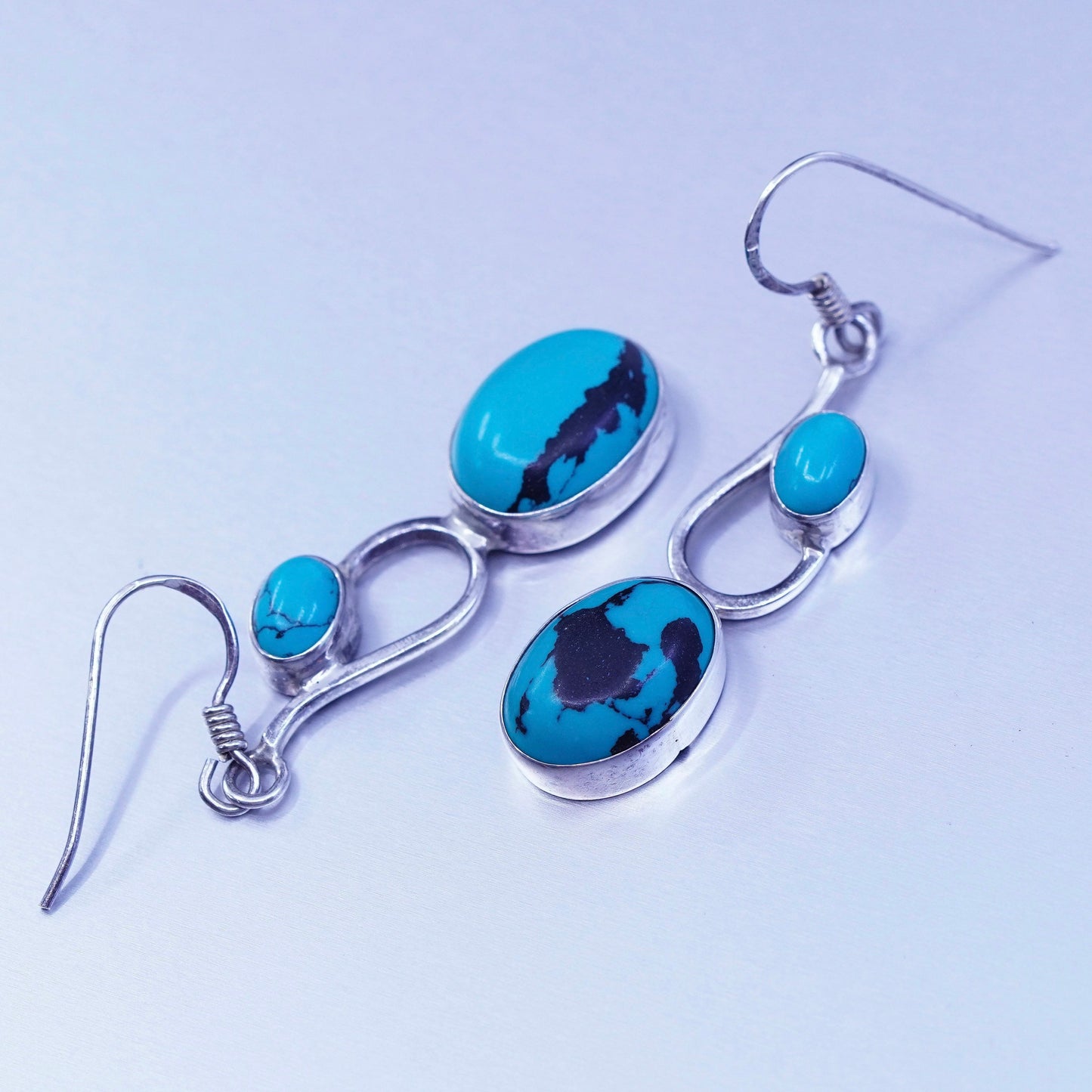 Vintage Sterling 925 silver handmade earrings with oval turquoise