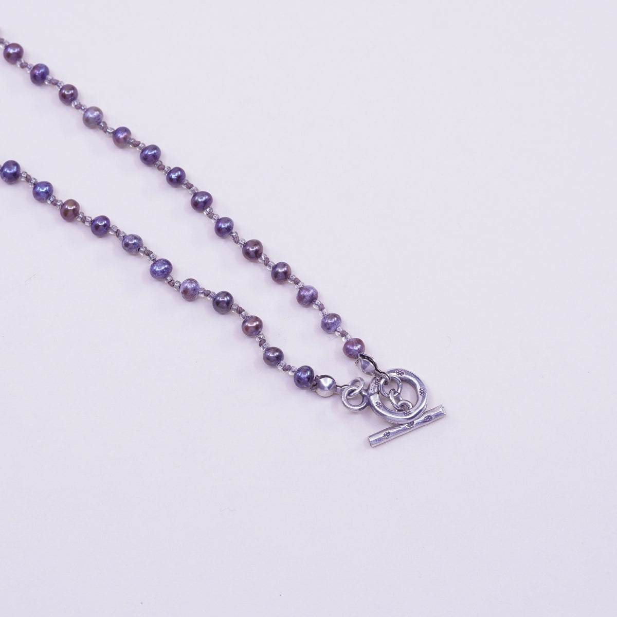 18”, Vintage handmade Sterling silver Circle chain with black pearl beads
