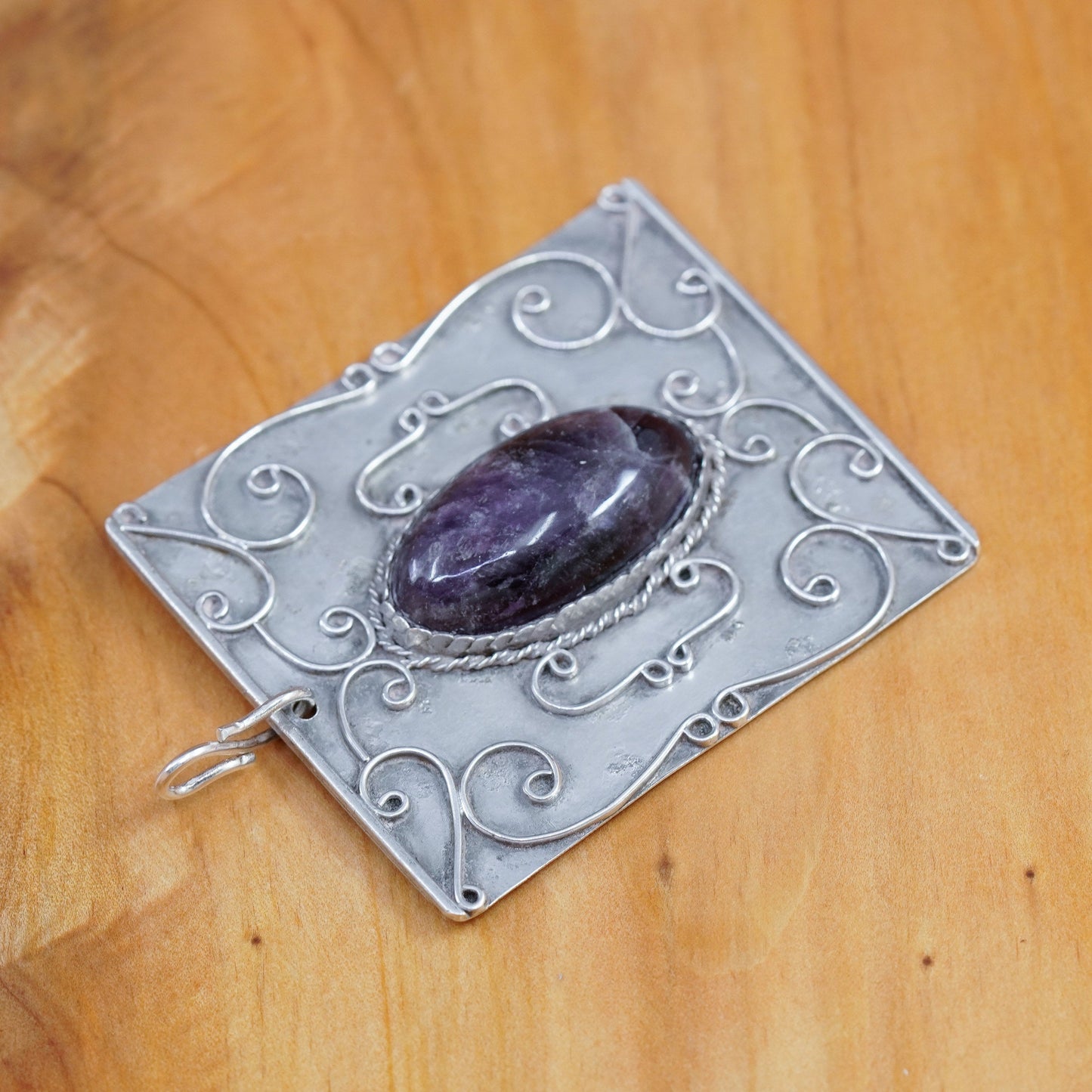 Vintage taxco Sterling silver handmade pendant, 980 charm oval amethyst cable