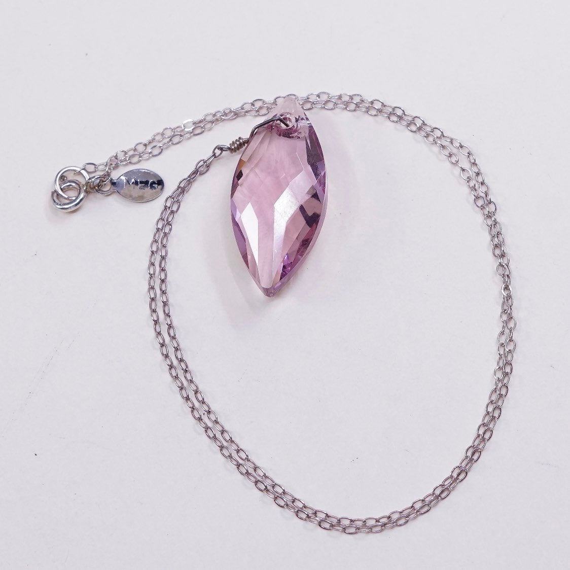 16", 2mm, vtg Sterling 925 silver handmade necklace w/ pink crystal pendant
