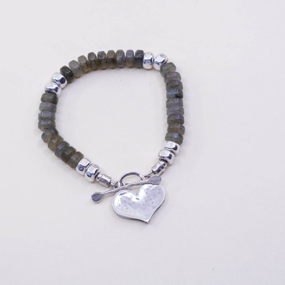 7”, Israel Shablool Didae sterling 925 silver bracelet labradorite beads heart