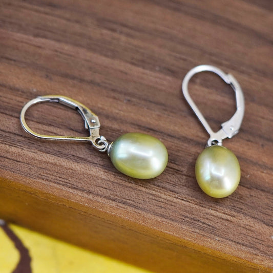Vintage Sterling 925 silver handmade earrings with green colored pearl
