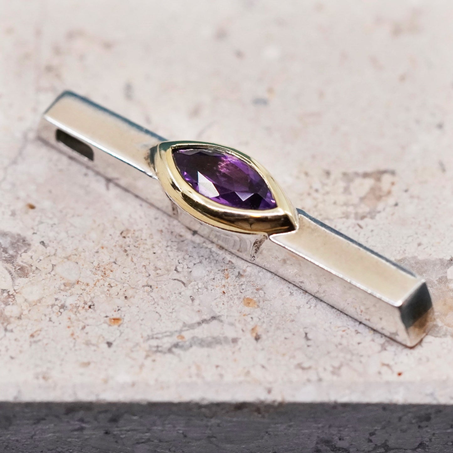 Movado 18K gold accent, sterling 925 silver handmade bar pendant with amethyst